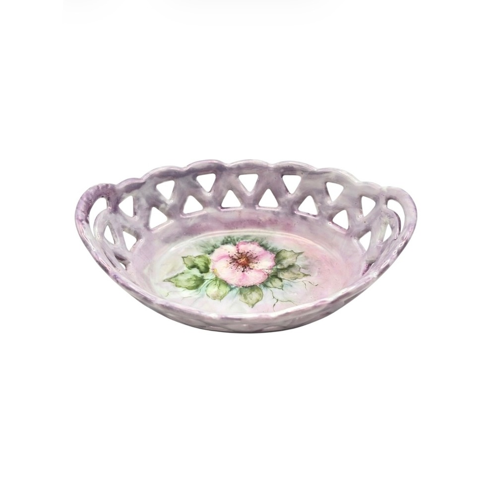 Vintage Lavender Porcelain Reticulated Basket Dish Hand Painted Pink Wild Rose